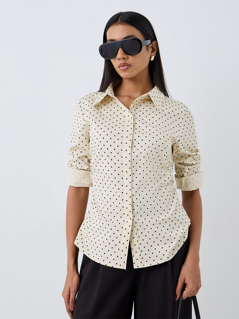 Wardrobe Ivory Polka-Dot Printed Cotton-Blend Shirt