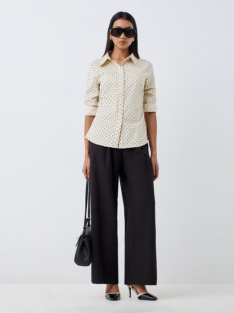 Wardrobe Ivory Polka-Dot Printed Cotton-Blend Shirt