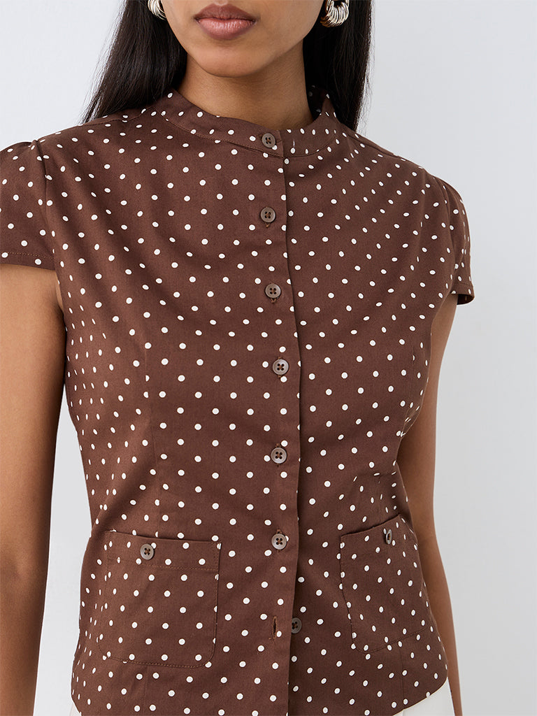 Wardrobe Dark Brown Polka-Dot Printed Cotton Blouse