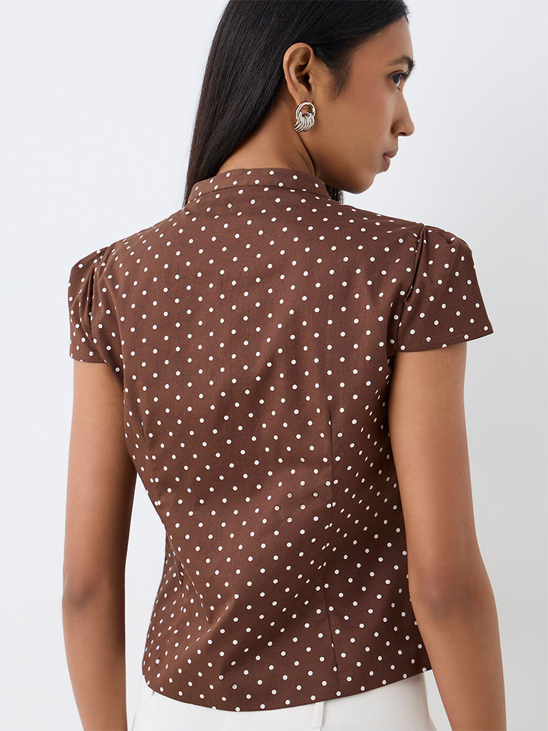 Wardrobe Dark Brown Polka-Dot Printed Cotton Blouse