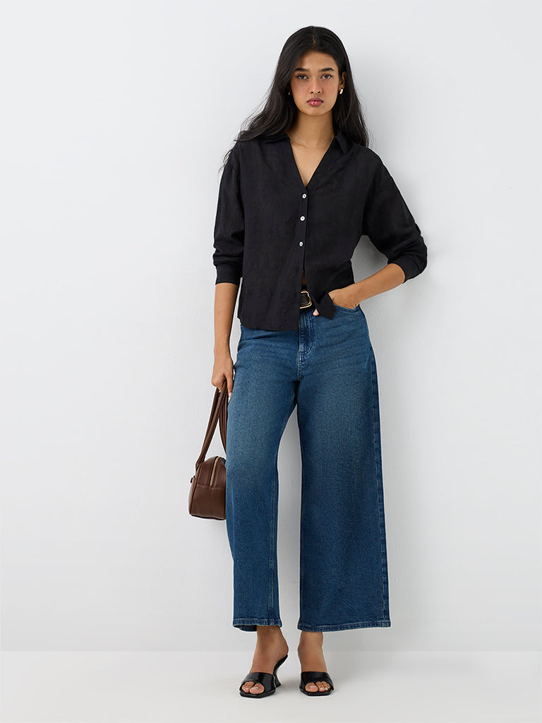 LOV Black Floral Jacquard Shirt