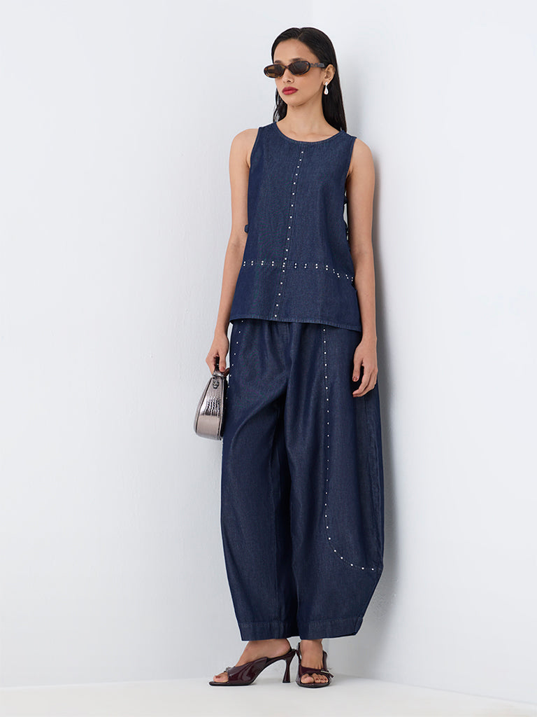 LOV Dark Blue Studded Tie-Up Detail Denim Top