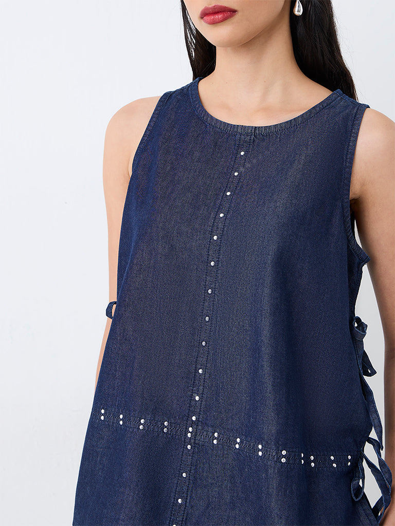LOV Dark Blue Studded Tie-Up Detail Denim Top