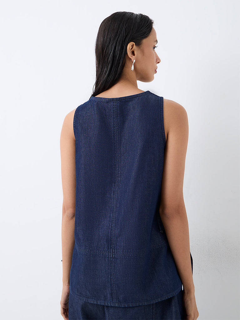 LOV Dark Blue Studded Tie-Up Detail Denim Top