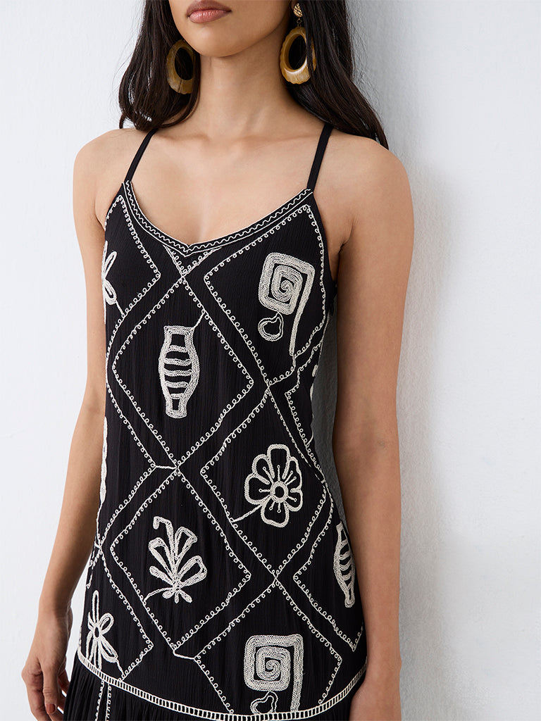 LOV Black Embroidered Drop-Waist Cotton Dress