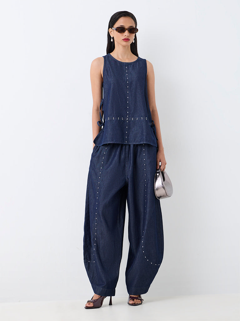 LOV Dark Blue Stud-Detail High-Rise Balloon Denim Pants