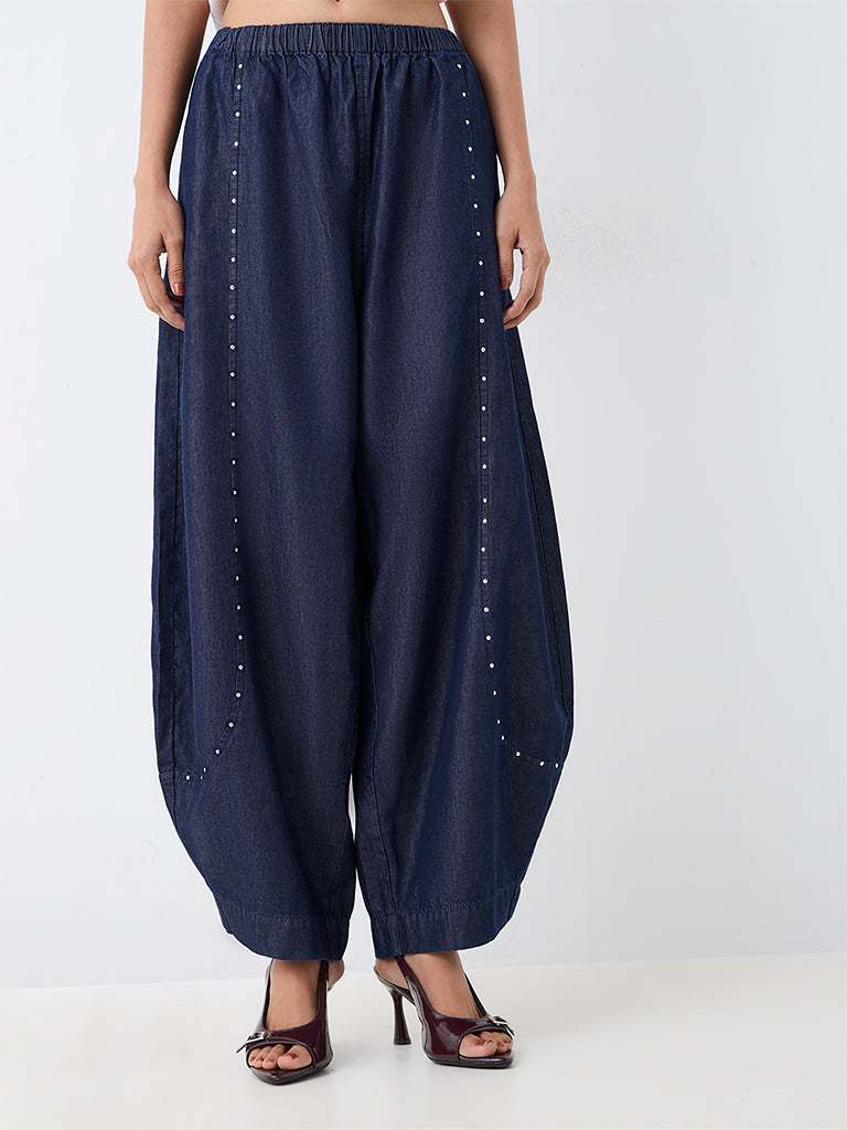 LOV Dark Blue Stud-Detail High-Rise Balloon Denim Pants