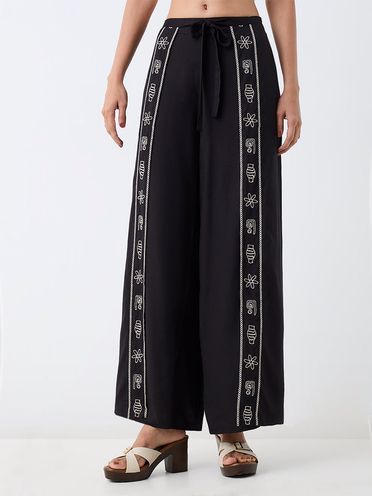 LOV Black Embroidered Tie-Up Detail High-Rise Pants