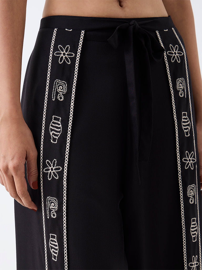 LOV Black Embroidered Tie-Up Detail High-Rise Pants