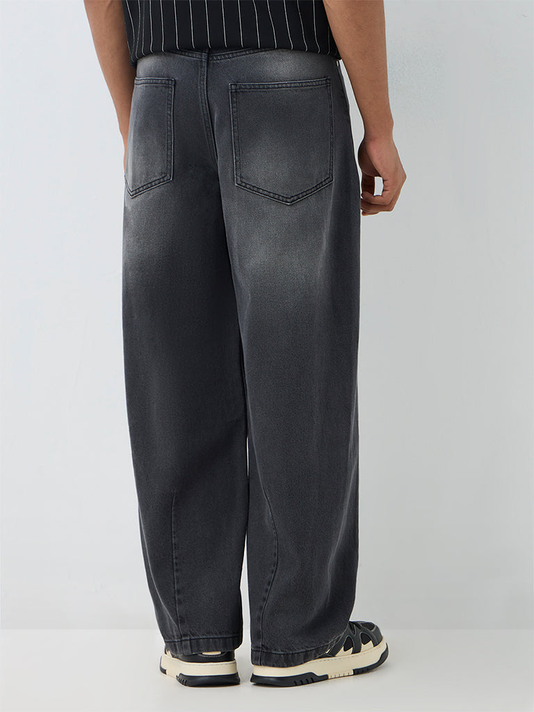 Nuon Charcoal Washed Barrel-Fit Mid-Rise Jeans