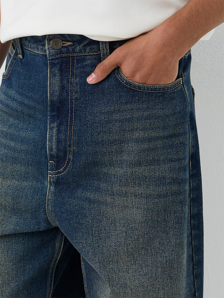 Nuon Dark Blue Faded Relaxed-Fit Mid-Rise Jeans