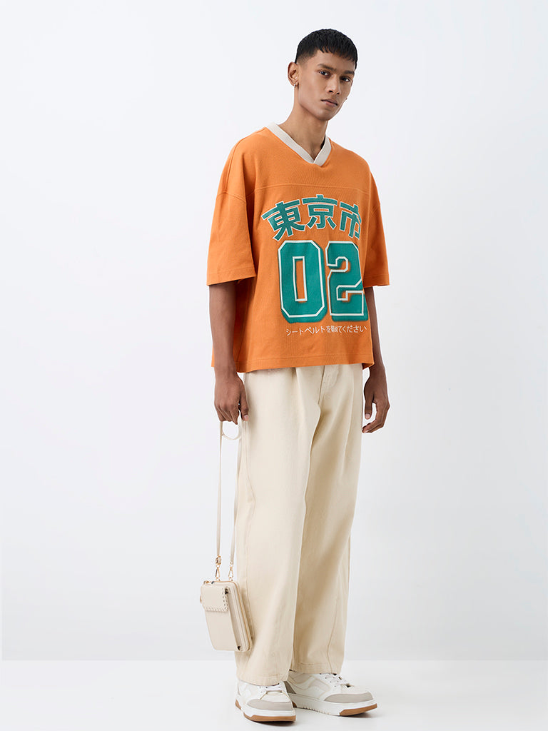 Nuon Orange Printed Oversized-Fit Cotton T-Shirt