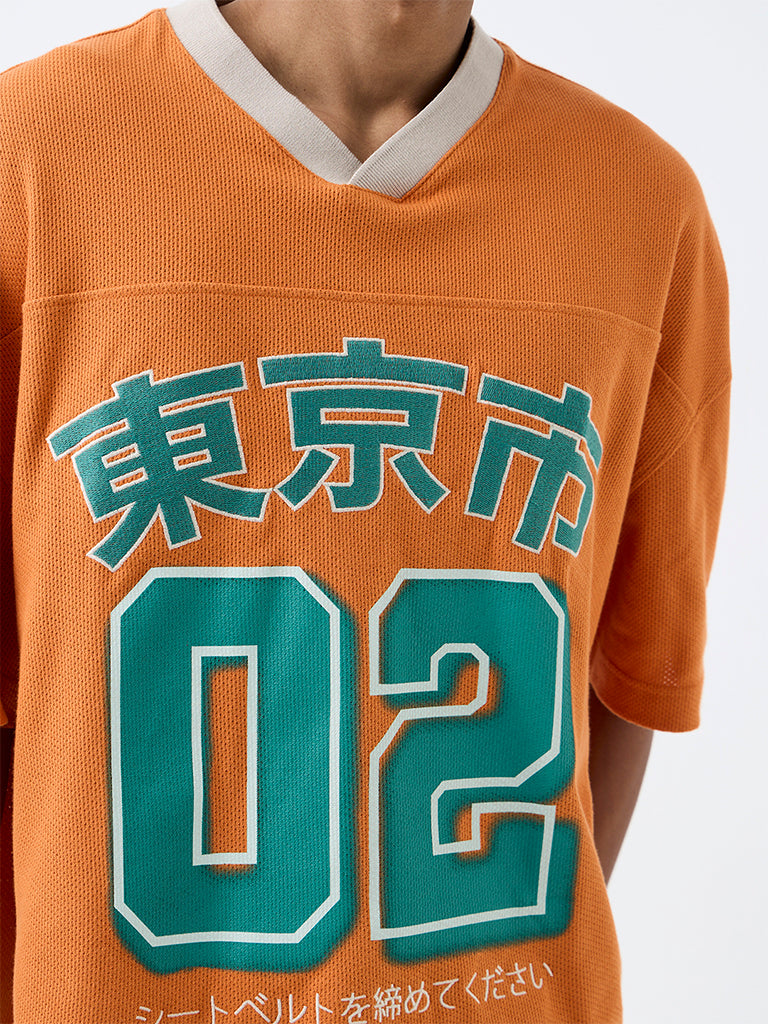 Nuon Orange Printed Oversized-Fit Cotton T-Shirt