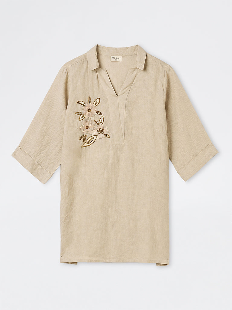 Diza Light Beige Floral Embroidered Linen Straight Kurta