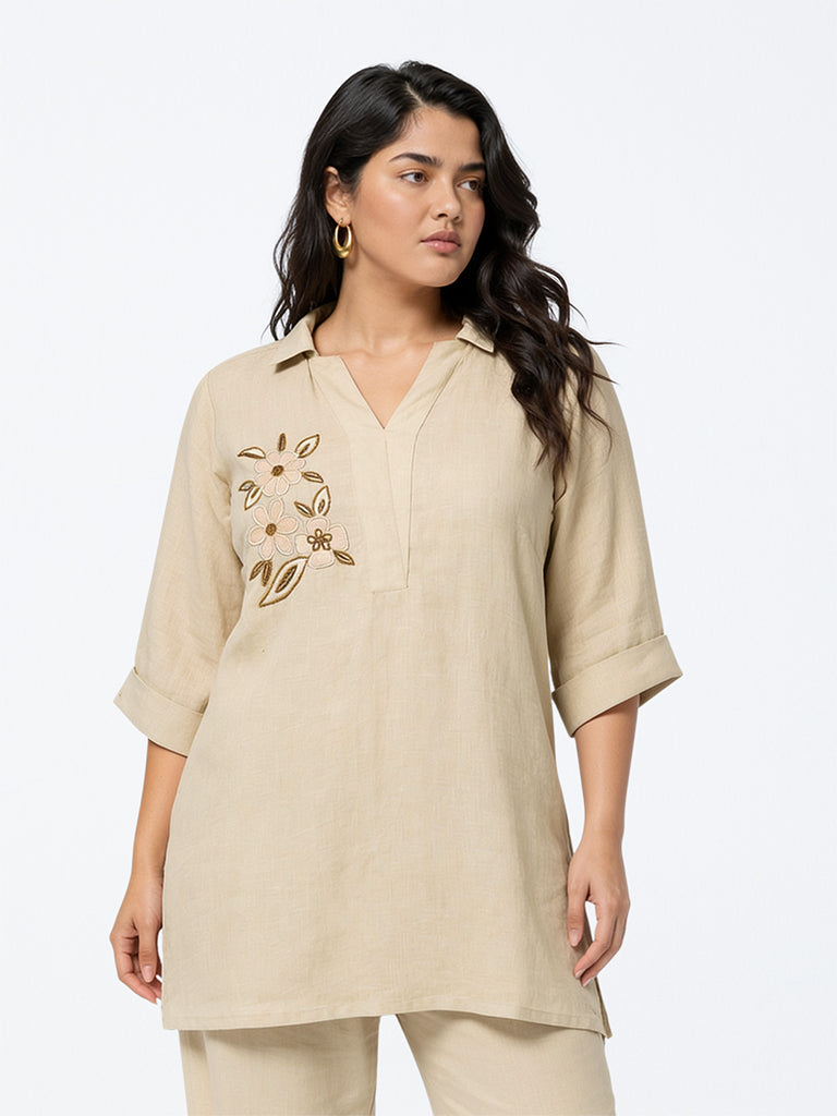Diza Light Beige Floral Embroidered Linen Straight Kurta