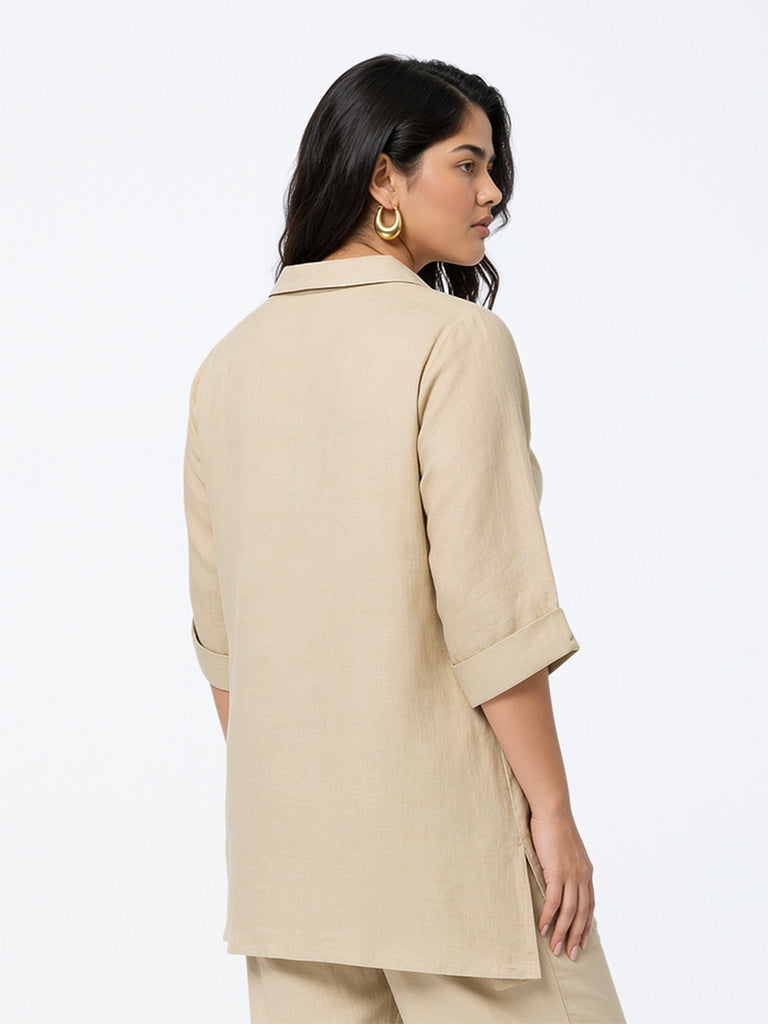 Diza Light Beige Floral Embroidered Linen Straight Kurta
