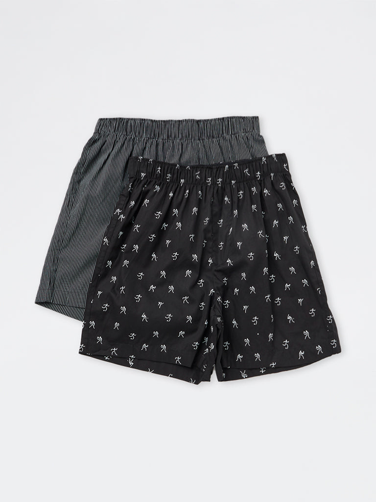 WES Lounge Black Printed Relaxed-Fit Mid-Rise Cotton Boxers - Pack of 2