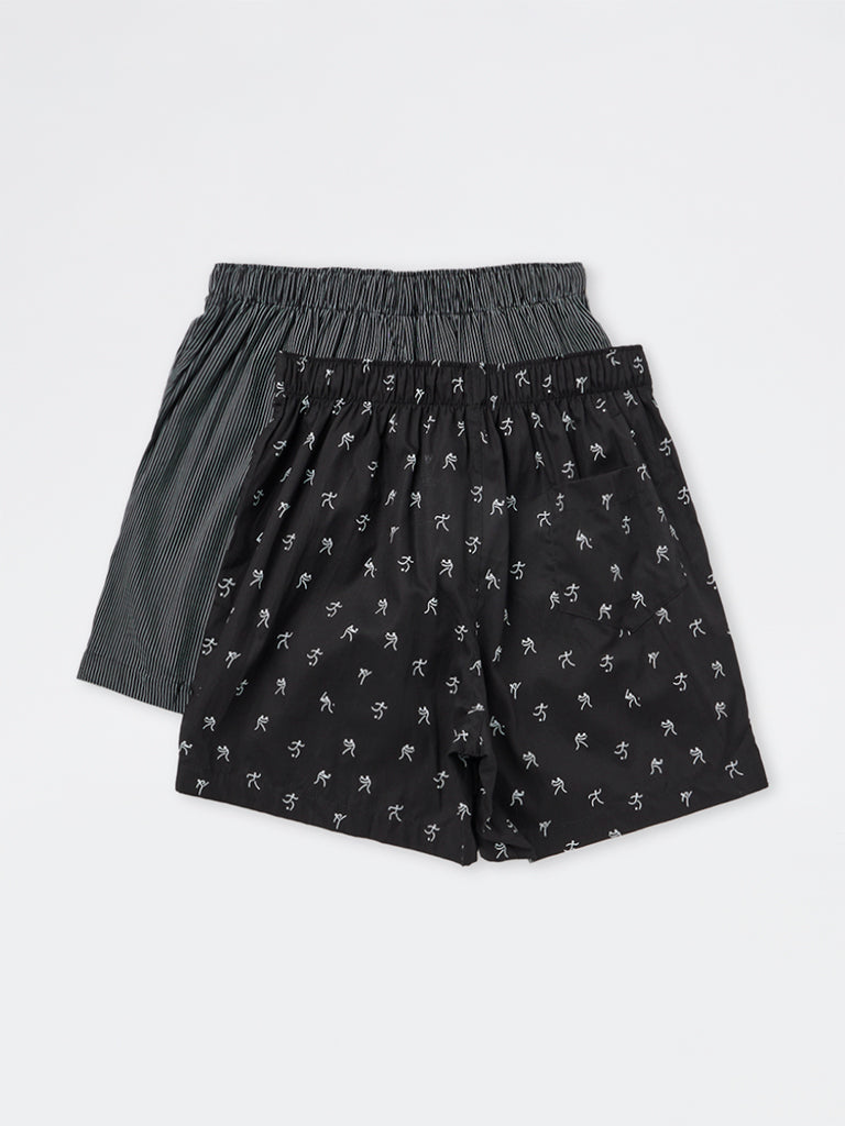 WES Lounge Black Printed Relaxed-Fit Mid-Rise Cotton Boxers - Pack of 2