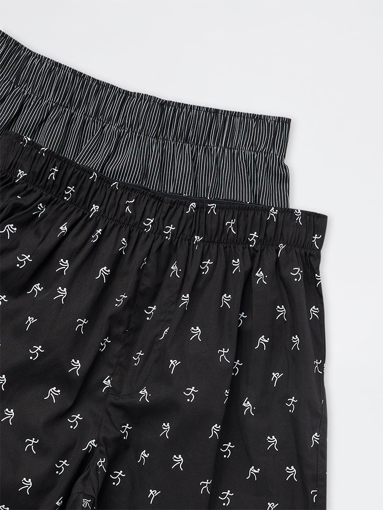 WES Lounge Black Printed Relaxed-Fit Mid-Rise Cotton Boxers - Pack of 2