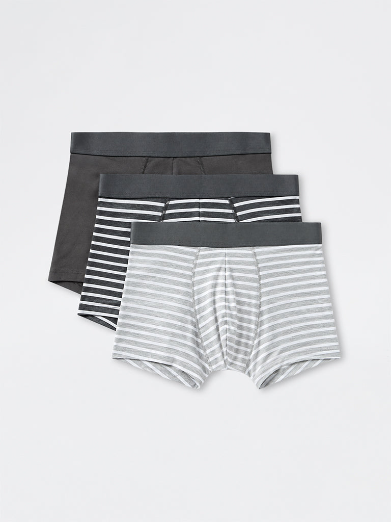 WES Lounge Charcoal Striped Relaxed-Fit Cotton-Blend Trunks -Pack of 3