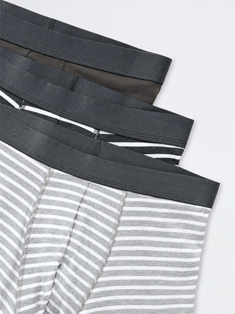 WES Lounge Charcoal Striped Relaxed-Fit Cotton-Blend Trunks -Pack of 3