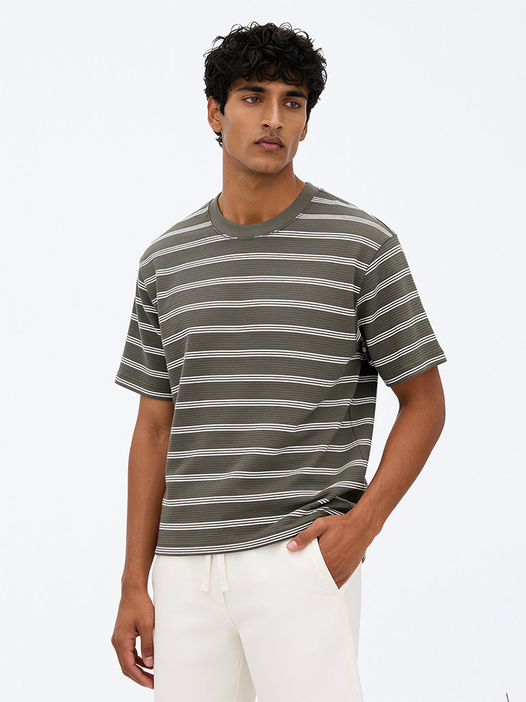 WES Lounge Olive Striped Relaxed-Fit Cotton-Blend T-Shirt