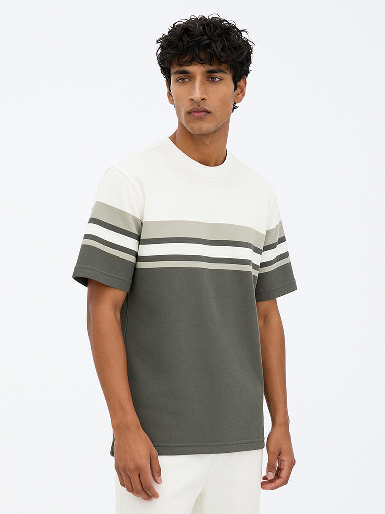 WES Lounge Olive Colour-Blocked Relaxed-Fit Cotton-Blend T-Shirt