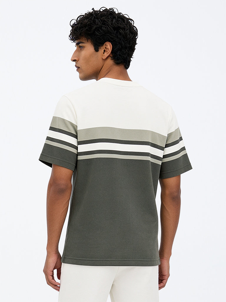 WES Lounge Olive Colour-Blocked Relaxed-Fit Cotton-Blend T-Shirt