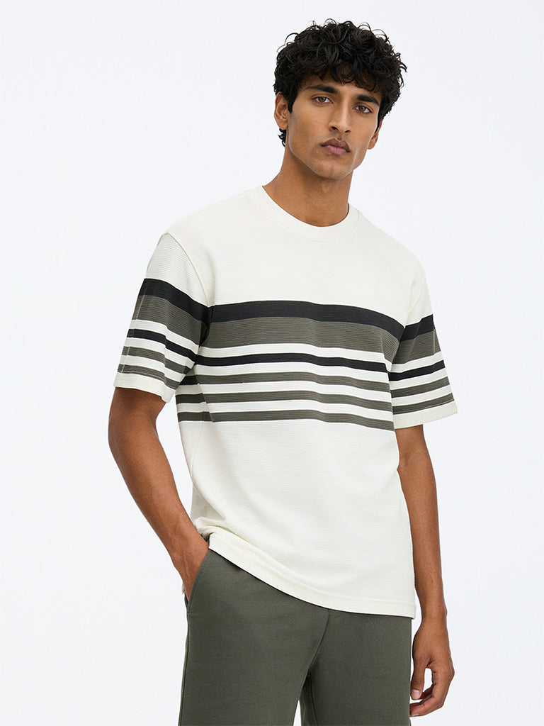 WES Lounge Off-White Striped Relaxed-Fit Cotton-Blend T-Shirt