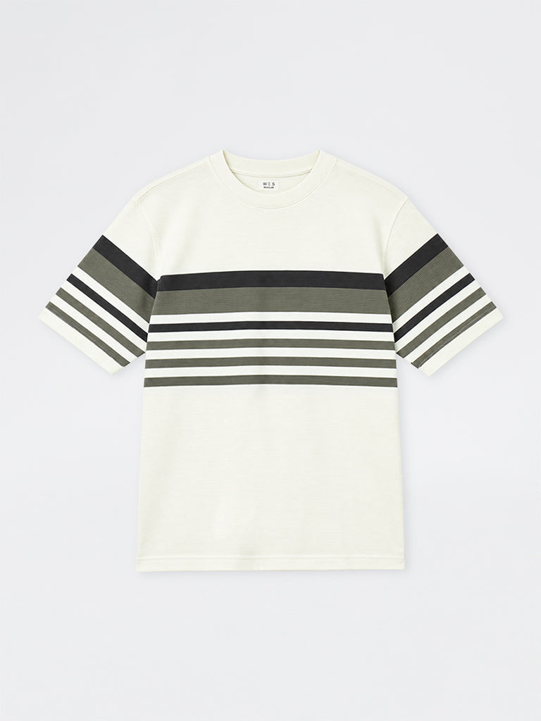 WES Lounge Off-White Striped Relaxed-Fit Cotton-Blend T-Shirt