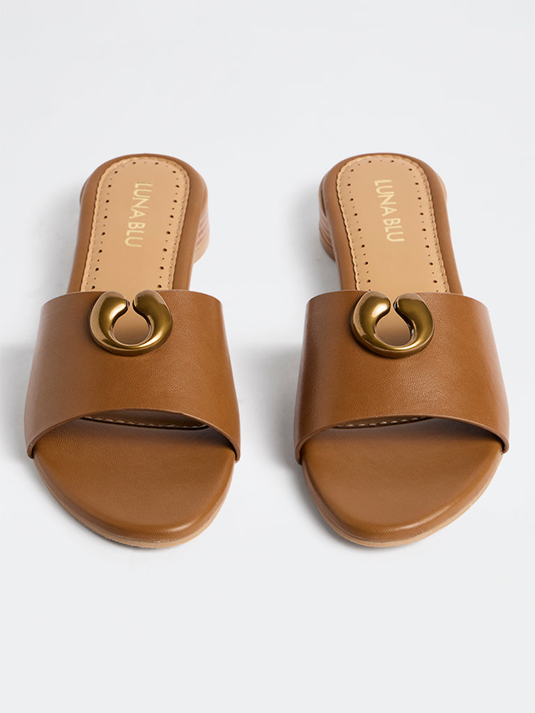 LUNA BLU Tan Metal-Detail Round Heel Sandals