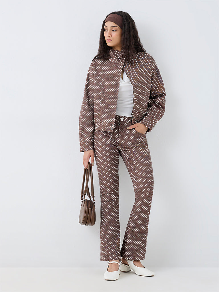 Nuon Brown Polka Dotted Denim Jacket