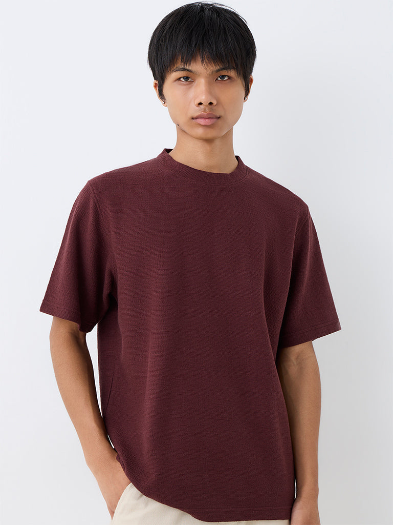 ETA Burgundy Textured Relaxed-Fit Cotton-Blend T-Shirt