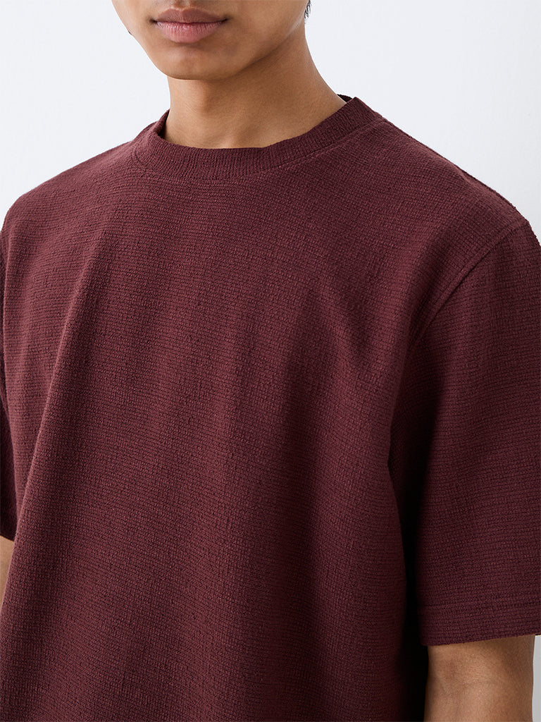 ETA Burgundy Textured Relaxed-Fit Cotton-Blend T-Shirt