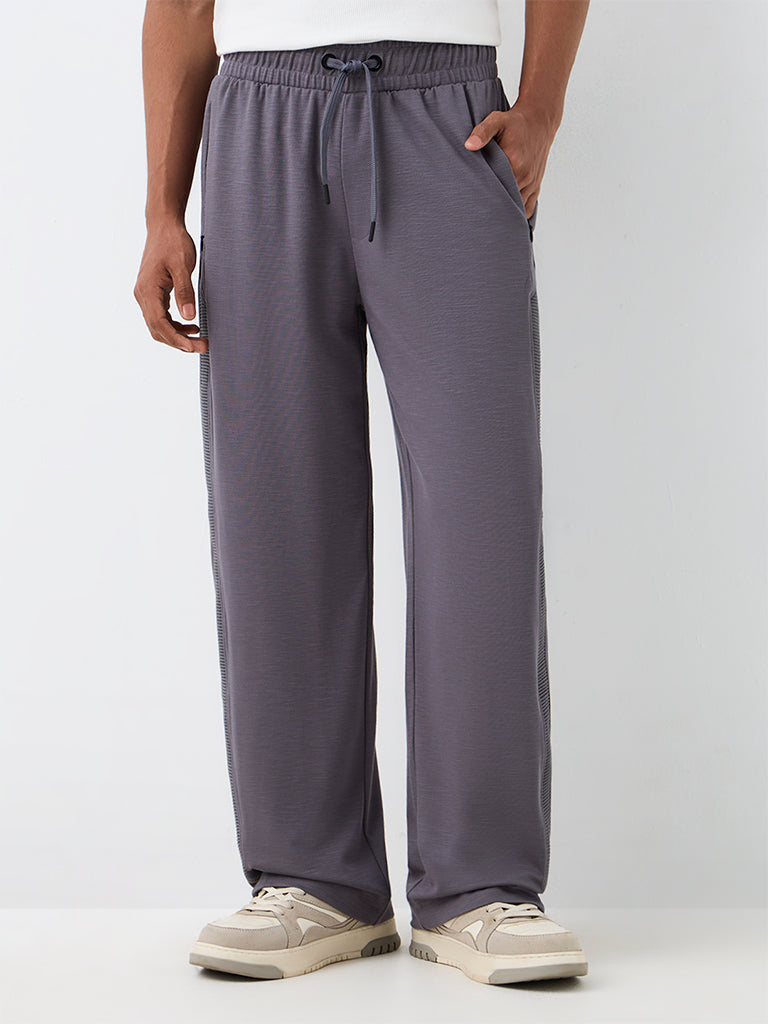 Nuoflexx Grey Self-Striped Mid-Rise Relaxed-Fit Cotton-Blend Track Pants