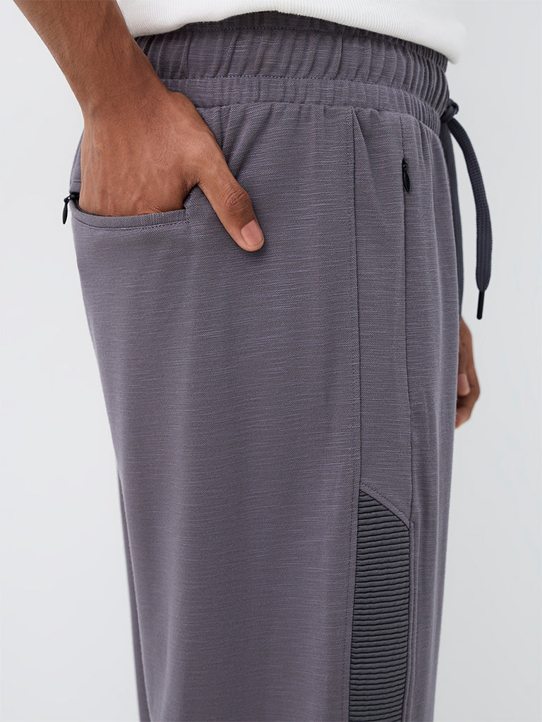 Nuoflexx Grey Self-Striped Mid-Rise Relaxed-Fit Cotton-Blend Track Pants