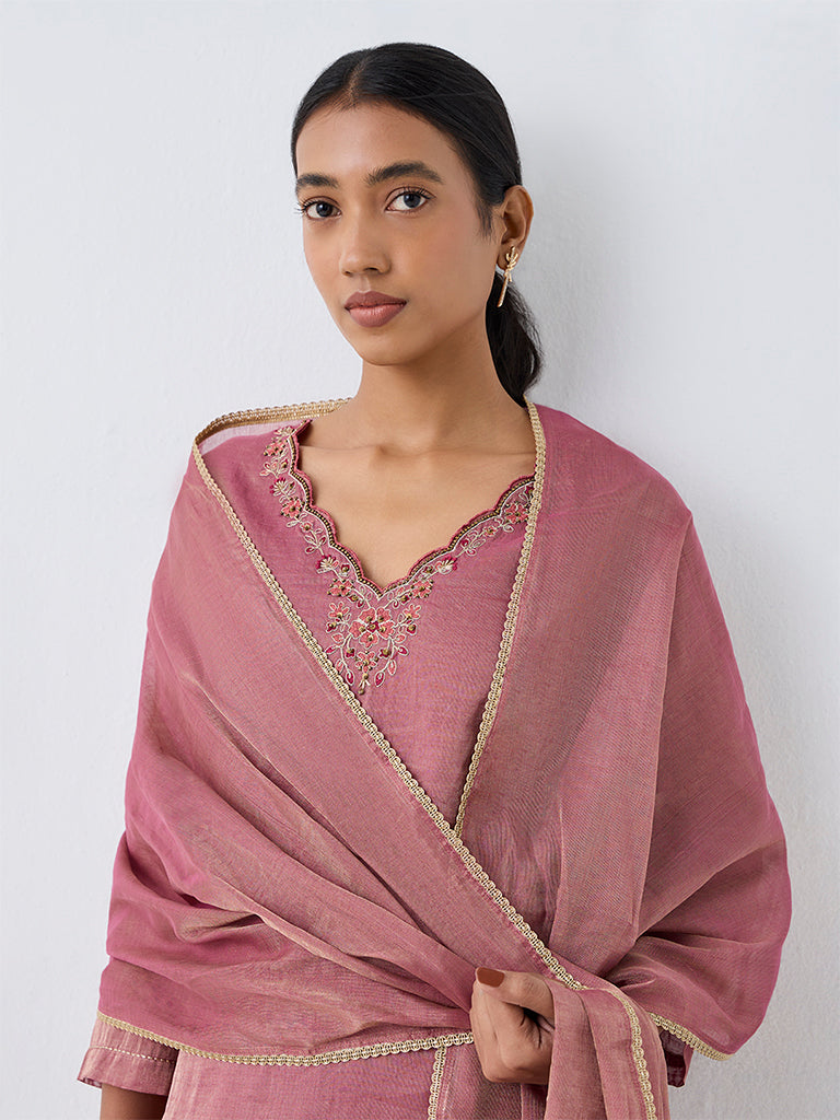 Zuba Dusty Pink Zari Embroidered Dupatta