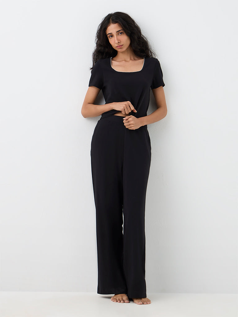 Superstar Black Scallop-Detail High-Rise Cotton-Blend  Pants