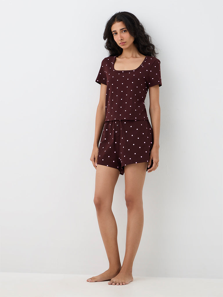 Superstar Dark Brown Polka Dot Printed High-Rise Cotton-Blend Shorts
