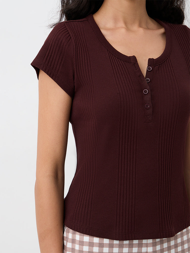 Superstar Dark Brown Ribbed Cotton-Blend Top