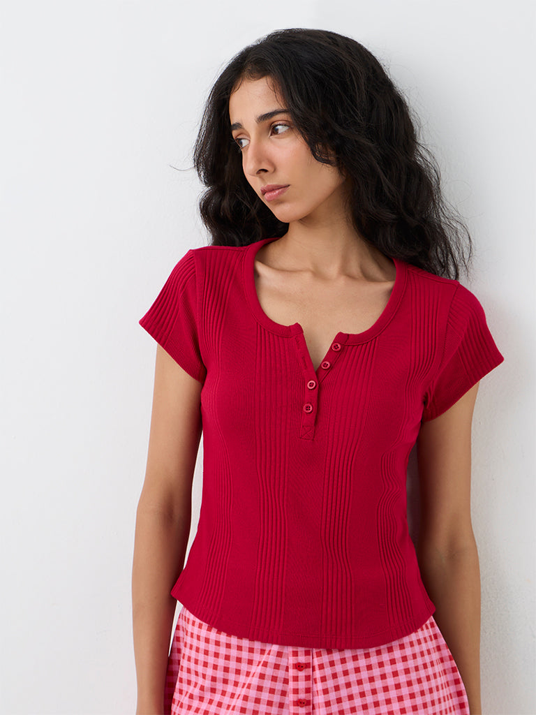 Superstar Red Ribbed Cotton-Blend Top