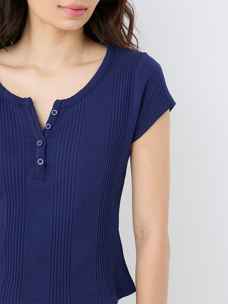 Superstar Dark Blue Ribbed-Textured Cotton-Blend Henley T-Shirt
