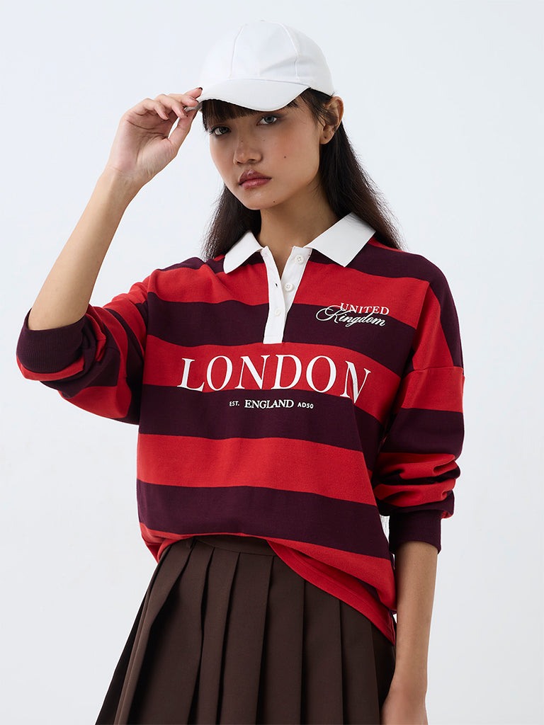 Nuon Red Striped Cotton Sweatshirt