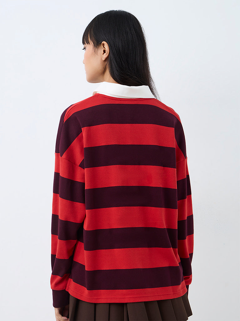 Nuon Red Striped Cotton Sweatshirt