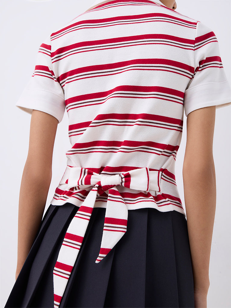 Nuon Off-White Striped Tie-Up Detail T-Shirt