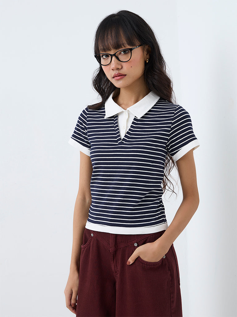 Nuon Navy Striped Cotton Polo T-Shirt