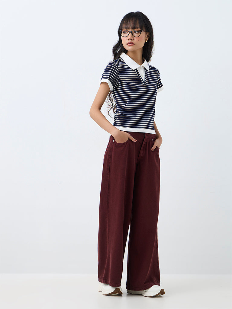 Nuon Navy Striped Cotton Polo T-Shirt