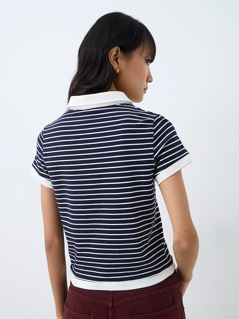 Nuon Navy Striped Cotton Polo T-Shirt