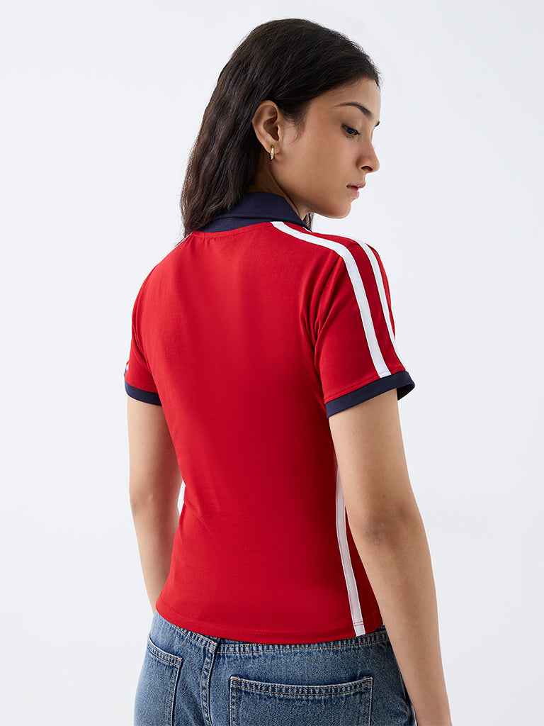 Nuon Red Typographic Cotton-Blend Polo T-Shirt