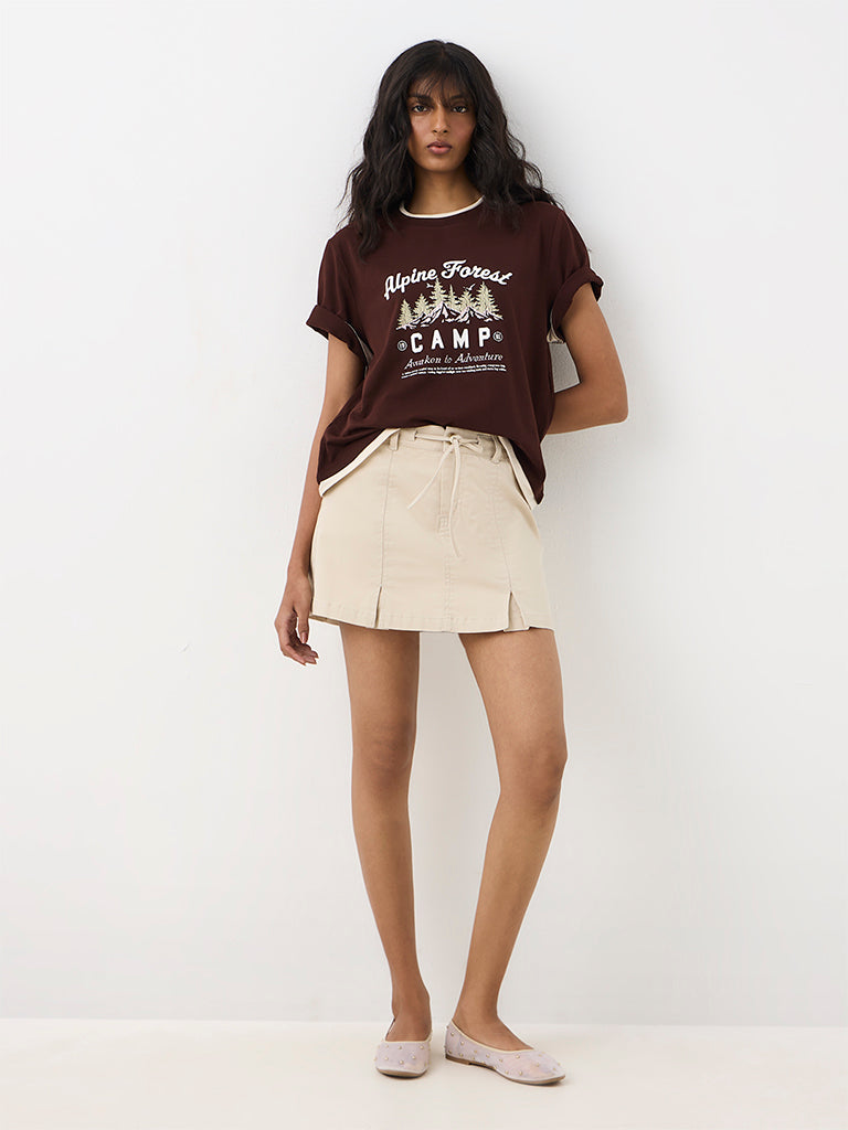Nuon Dark Brown Graphic Printed Cotton T-Shirt